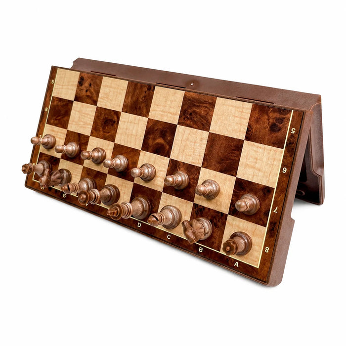 2-in-1 Folding Magnetic Chess & Checkers Set — 19x19cm Wood-grain Board with Carry Box