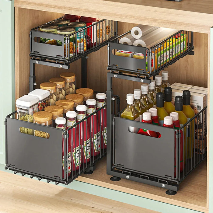 Pull-Out Under-Sink Organiser, 2-Tier Adjustable Sliding Shelf, Black & White