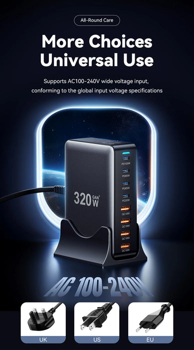 320W GaN 8‑Port Desktop Charger — 4×USB‑C & 4×USB‑A, 100W PD
