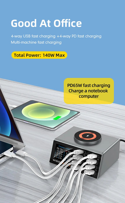 140W 8‑Port GaN Fast Charger Station with Qi2 Wireless Pad — Travel & Home