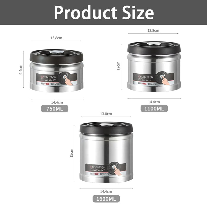 Vacuum-Sealed Stainless Steel Food Jar — Airtight Coffee & Grain Storage (750, 1100, 1600ml)