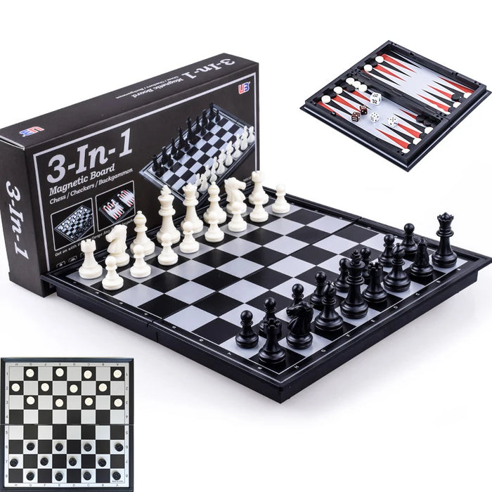 Foldable Magnetic 3-in-1 Board — Chess, Checkers & Backgammon, 25cm