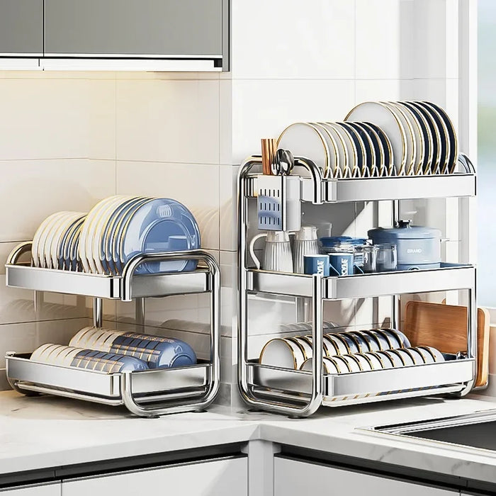 2- or 3-Tier Stainless Steel Dish Rack — Deep Plate & Bowl Drainer