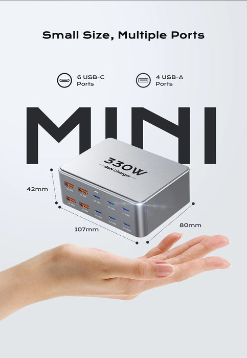 330W 10‑Port GaN USB‑C Charger — Dual 100W PD3.0/PPS Fast Charging Station