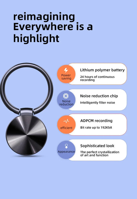 32GB Keychain Voice Recorder — Mini Digital Dictaphone, MP3 Player with Noise Reduction
