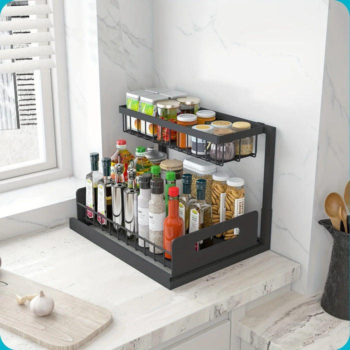 Under-Sink Pull-Out Organiser — 2-Tier Slide-Out Metal Shelf (White or Black)