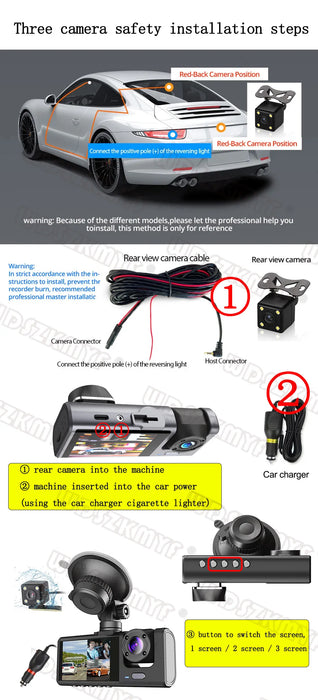 1080P Car Dash Cam — 2/3‑Channel Front, Inside & Optional Rear Camera with Night Vision