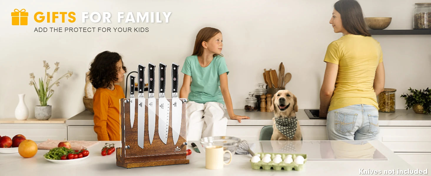 Double‑Sided Magnetic Knife Block with Acrylic Shield — Acacia Wood