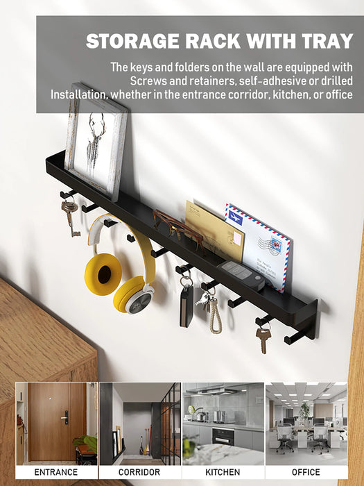 Wall-Mounted Key Organiser with Tray and Hooks – No-Drill or Drill Fixing