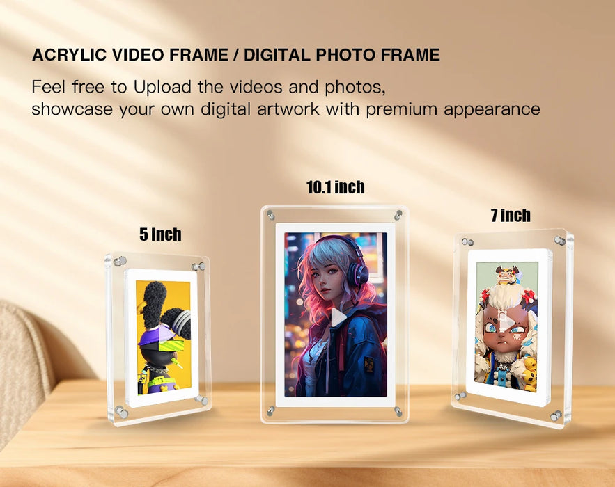 Acrylic Digital Photo Frame 5" & 7" IPS — 4GB Built‑in, Rechargeable, Auto‑Rotate