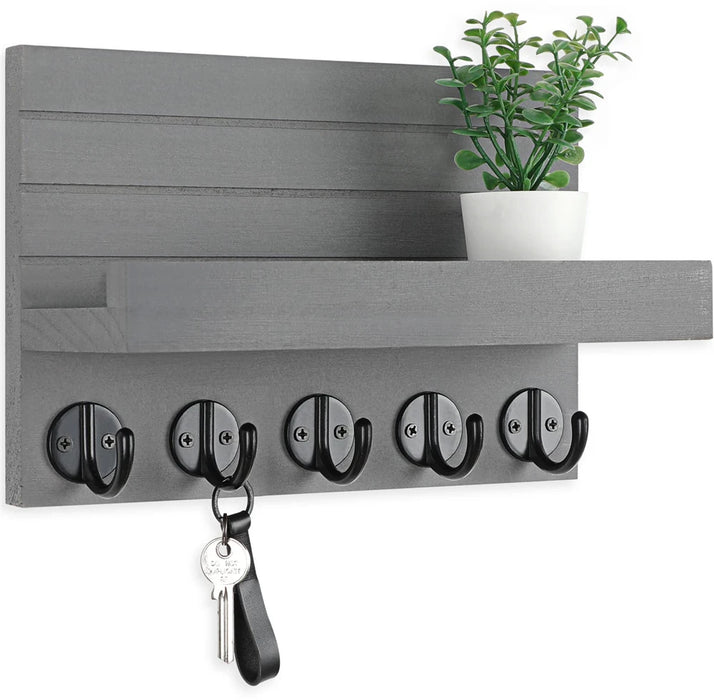 Wall-mounted Key and Mail Shelf with 5 Hooks - Wooden Entryway Rack