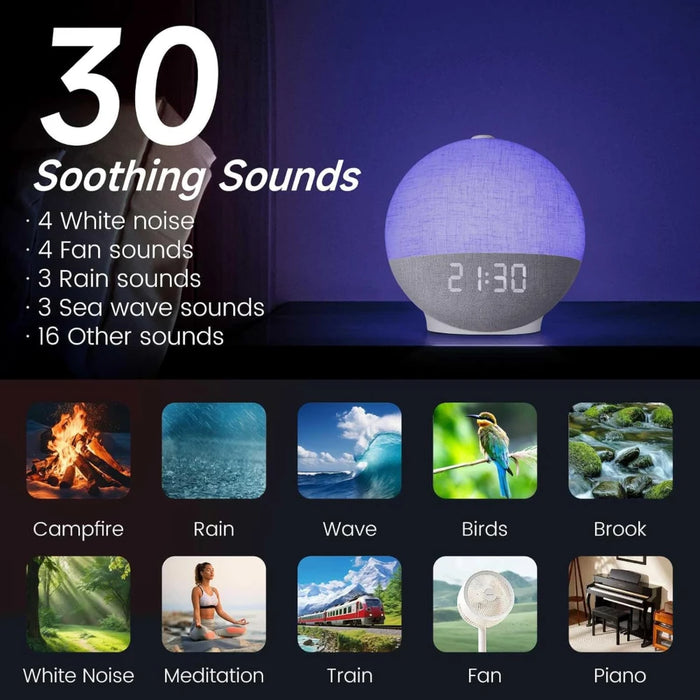 Wake‑Up Light Sunrise Alarm Clock — White Noise, Bluetooth Speaker & Colour‑Changing Night Light