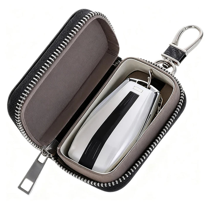 Car Key Signal Blocker Pouch - PU Leather Faraday Key Fob Case (Black, Zipper)