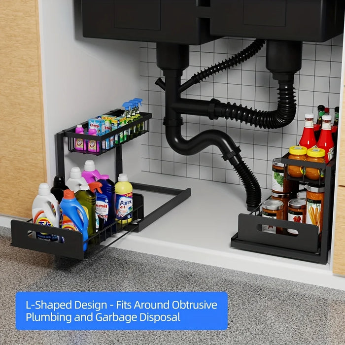 Metal Pull-Out Under-Sink Organiser with Sliding Shelf — Kitchen Storage (White/Black)