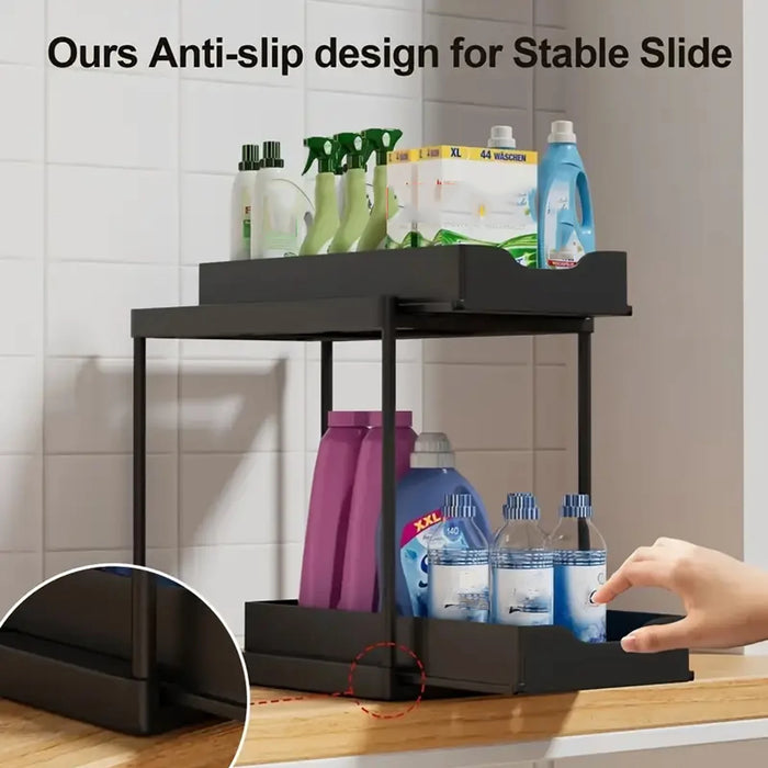 Double-Layer Pull-Out Storage Rack with 5 Hooks — PP Drawer Organiser for Kitchen & Bathroom