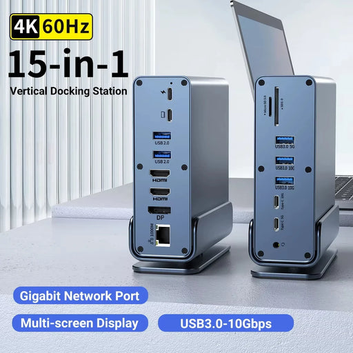 15‑in‑1 USB‑C Docking Station — Dual HDMI & DP 4K@60Hz, PD100W, Gigabit Ethernet, SD/TF, Audio