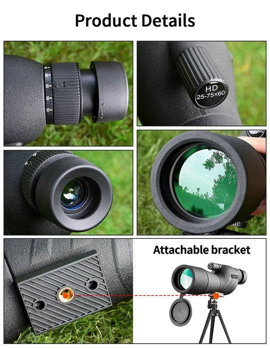 25–75x60 HD Spotting Scope Monocular — Waterproof Zoom for Birdwatching & Camping