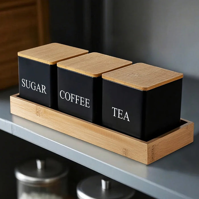 Set of 3 Metal Canisters with Bamboo Lids – 500ml Coffee, Tea & Sugar (Black or White)