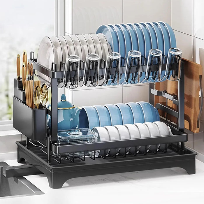 Adjustable 2-Tier Dish Drainer Rack — Plate, Bowl & Cutlery Organiser