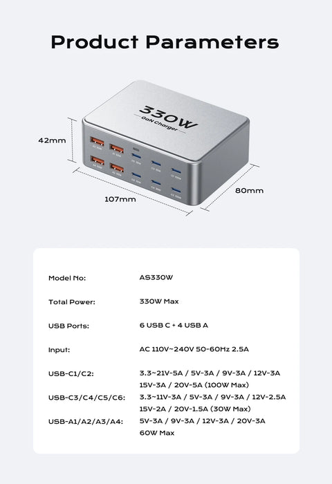 330W 10‑Port GaN USB‑C Charger — Dual 100W PD3.0/PPS Fast Charging Station