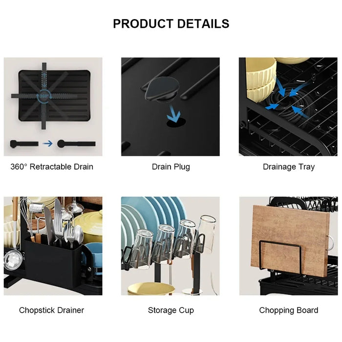 2-Tier Wrought Iron Dish Drainer with 360° Drainage & Drainboard