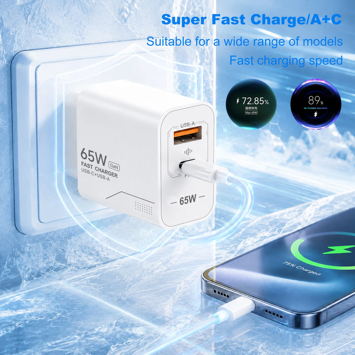 65W GaN Dual-Port USB Charger — USB-C & USB-A, EU/US Plug Options