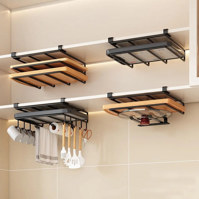 Under-Cabinet Kitchen Organiser Rack with Hooks — Holds Paper Towels, Cutting Boards & Lids