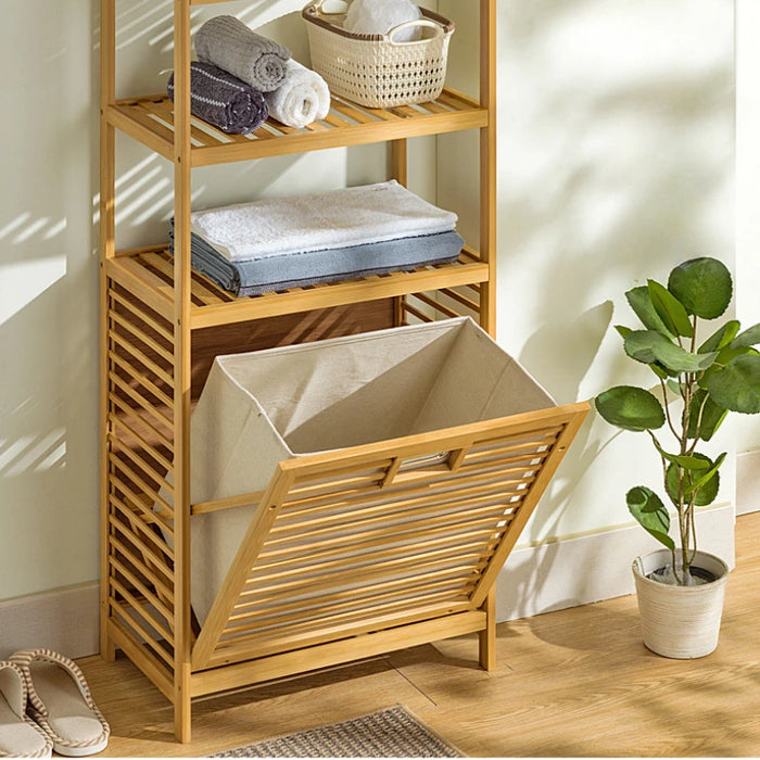 3/4-Tier Bamboo Laundry Hamper & Bathroom Rack with Pull-Out Shelves