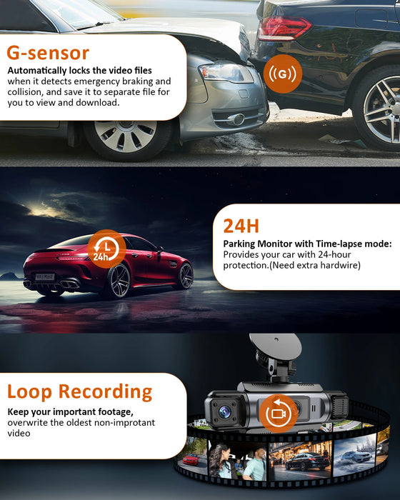 4-Channel Car Dash Cam with Wi‑Fi — FHD 1080p Front, Side & Rear, Night Vision, Hardwire Option