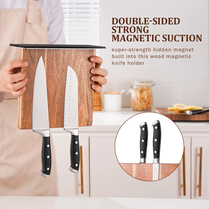 Acacia Wood Magnetic Knife Block with Stainless Steel Base