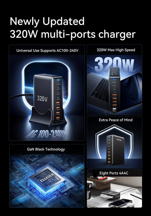 320W GaN 8‑Port Desktop Charger — 4×USB‑C & 4×USB‑A, 100W PD