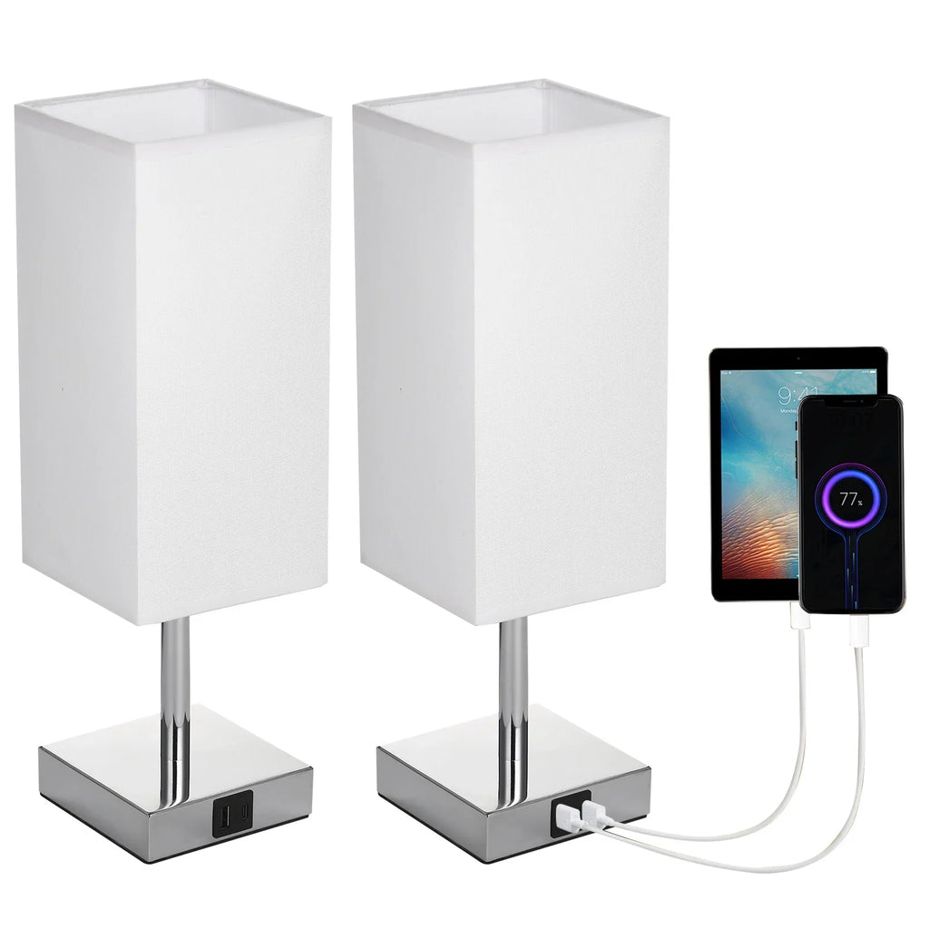 Éjjeli Lámpa Ágy melletti Asztali Lámpa Szövet Árnyékolóval - Meleg Fehér LED Izzó, Érintésvezérlés, Íróasztali Lámpa, USB A és Type-C Töltőportok - Ideális Éjjeliszekrényekhez, Munkapadokhoz és Tanulóhelyekhez