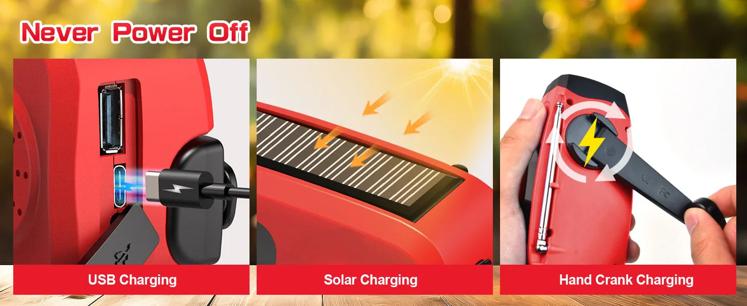 2000mAh Rechargeable Hand‑Crank Emergency Radio with LED SOS and USB Charger