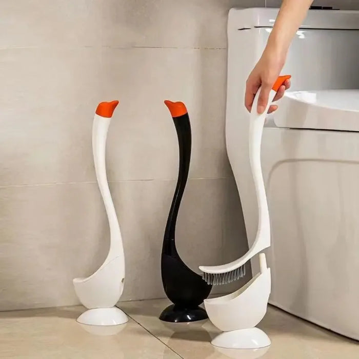 Swan-shaped Long-handle Toilet Brush with Holder — Dense Bristles, ABS (White/Blue/Black)