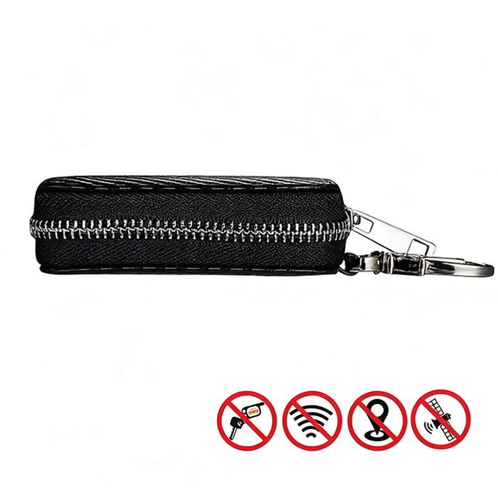Car Key Signal Blocker Pouch - PU Leather Faraday Key Fob Case (Black, Zipper)