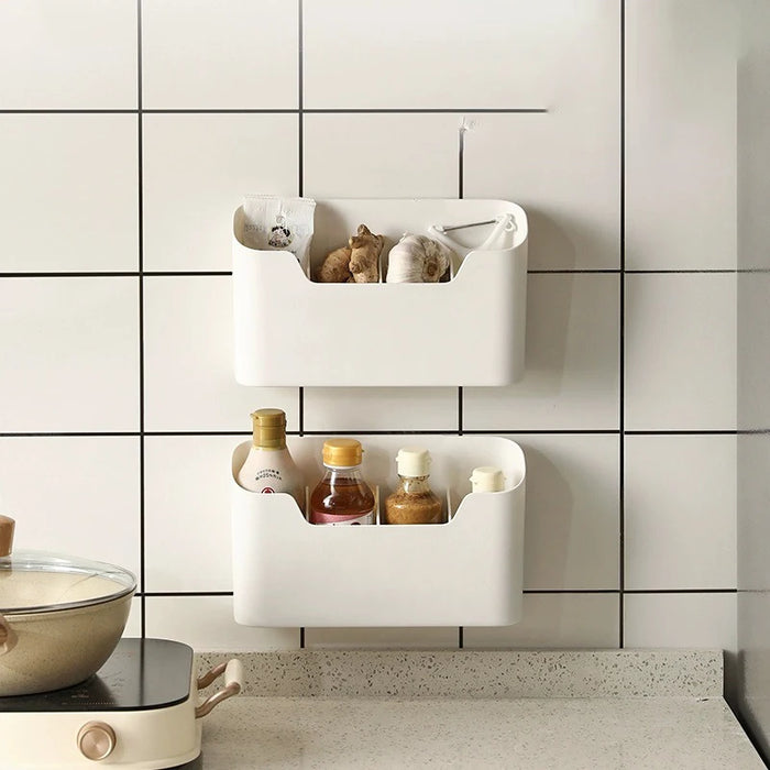Adhesive Wall-Mounted Storage Rack – 2-Piece White Kitchen & Bathroom Organiser