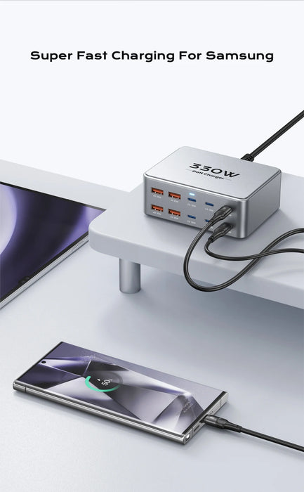330W GaN 10‑Port USB Charger — 2×100W USB‑C, PD3.0/PPS/QC3.0, for MacBook Pro & iPhone 15/16