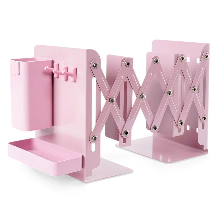 Retractable Metal Desktop Bookstand with Basket, Hooks & Removable Pen Holder