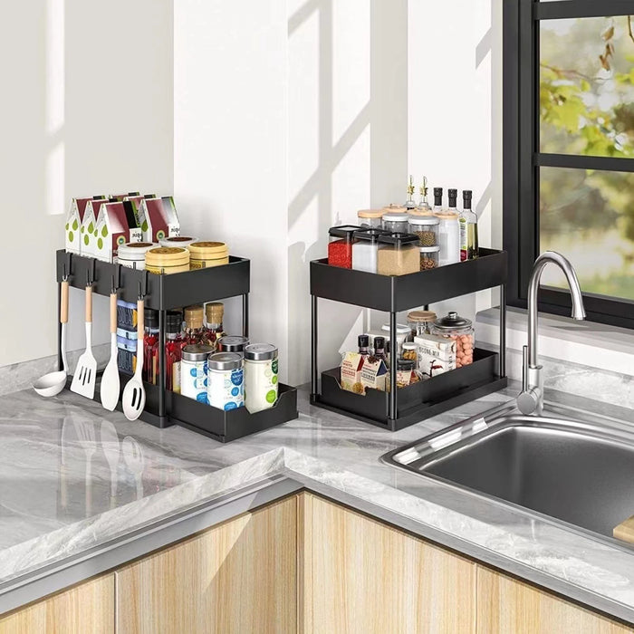 Double-Layer Pull-Out Storage Rack with 5 Hooks — PP Drawer Organiser for Kitchen & Bathroom