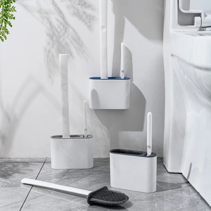 Wall-mounted Silicone Toilet Brush & Holder — Long Non-slip Handle, Ventilated Case, No-drill Fit