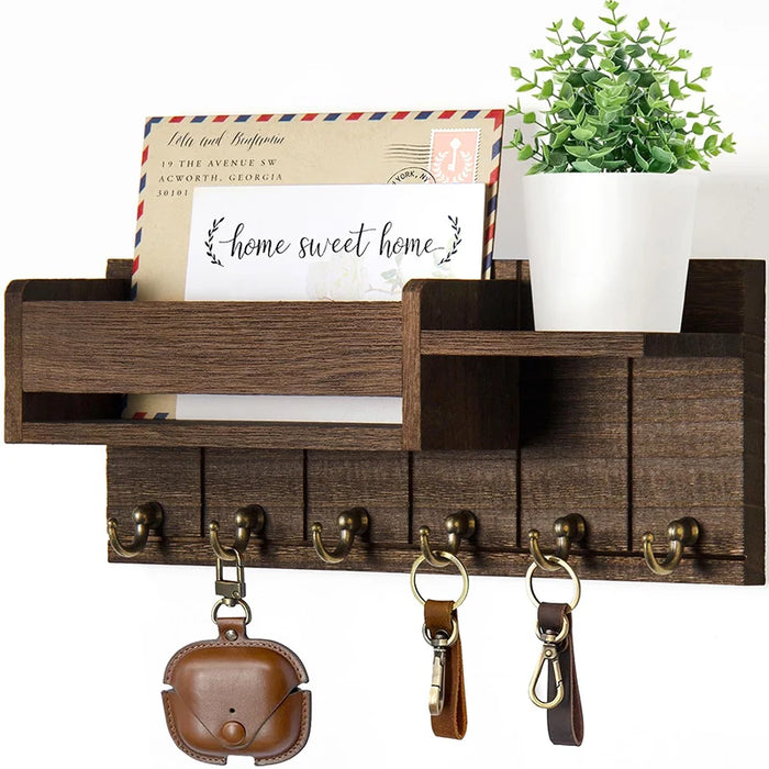 Wooden Wall-Mounted Key Rack & Mail Organiser — 6 Hooks