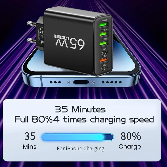 65W 6-Port USB PD Charger – 2x USB‑C PD + 4x USB Fast Wall Charger (EU/US)