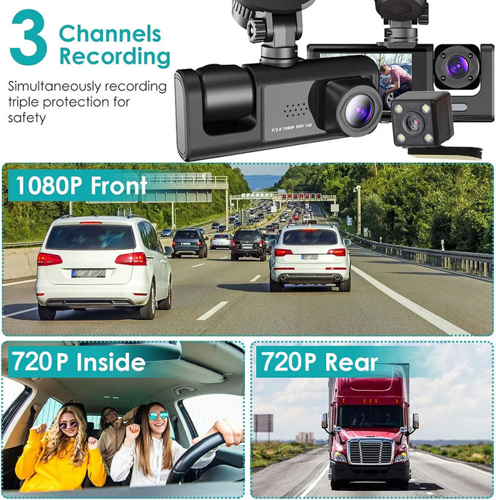 1080P Car Dash Cam — 2/3‑Channel Front, Inside & Optional Rear Camera with Night Vision