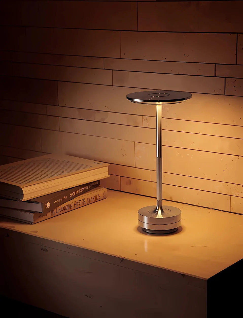 Golden Aura-lampe som kaster varmt lys over en nattbordflate