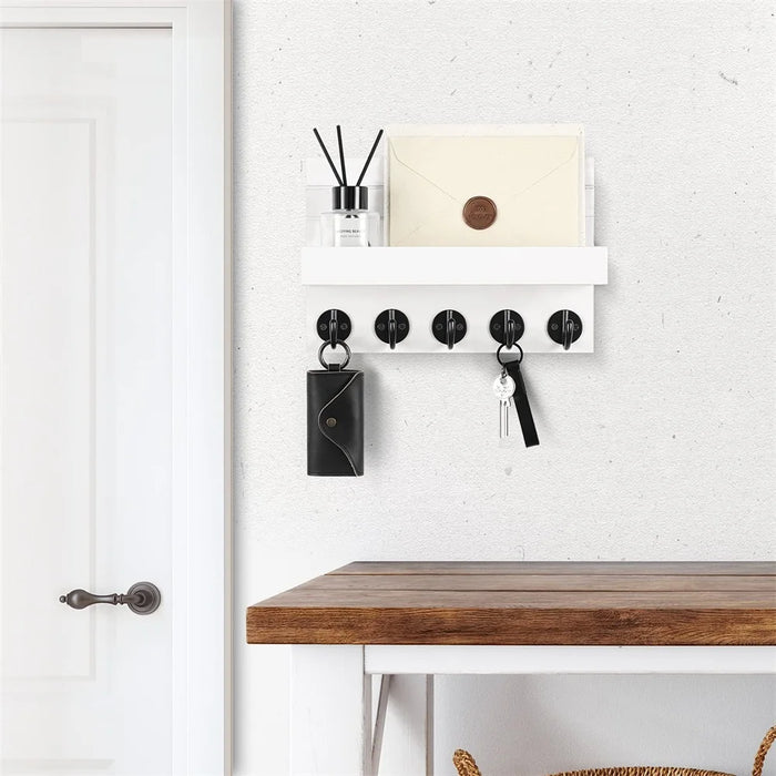 Wall-mounted Wooden Key and Mail Shelf with 5 Hooks