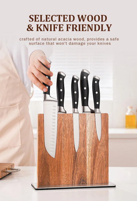 Acacia Wood Magnetic Knife Block with Stainless Steel Base