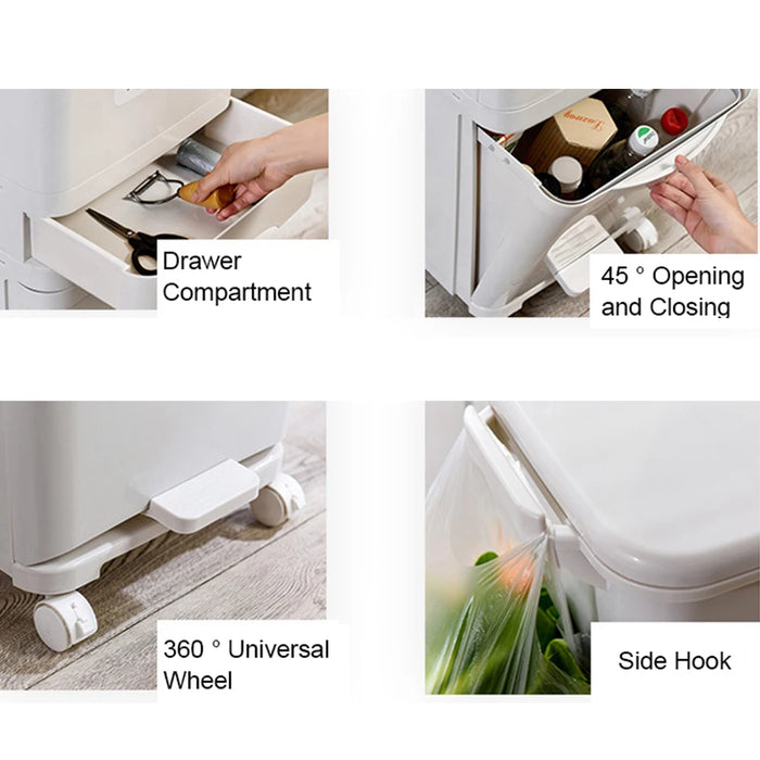 38 L Two-Tier Waste Bin with 4 Casters, White — 42 x 28.2 x 73 cm