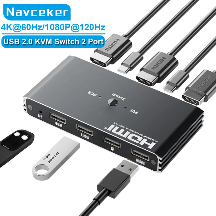 2-Port HDMI KVM Switch 4K@60Hz with USB 2.0 Hub & IR Remote (ZY-AK1)