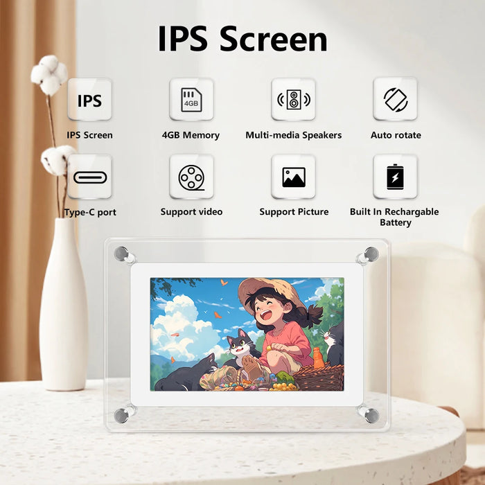 Acrylic Digital Photo Frame 5" & 7" IPS — 4GB Built‑in, Rechargeable, Auto‑Rotate