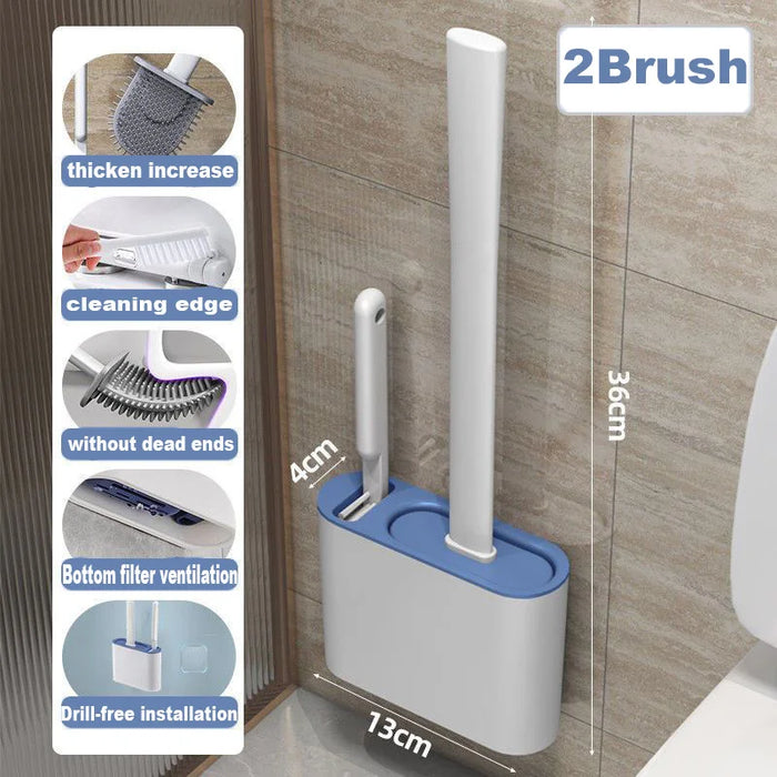 Wall-mounted Silicone Toilet Brush & Holder — Long Non-slip Handle, Ventilated Case, No-drill Fit
